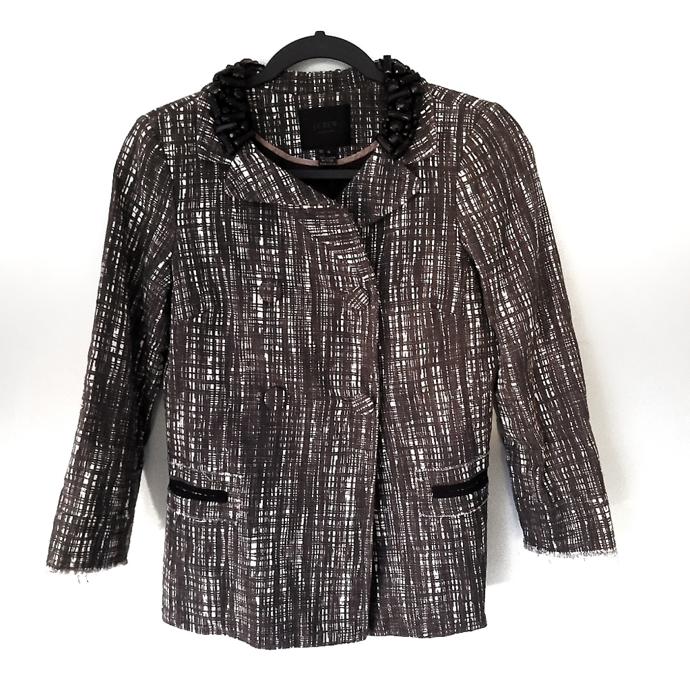 J Crew Size 0 Contessa Tweed Raw Hem Jeweled Suit Jacket Blazer